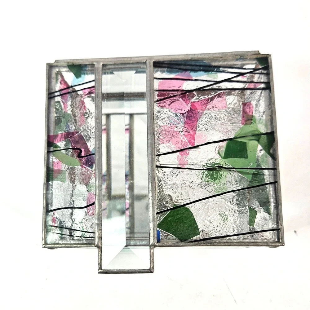 Vtg Handmade Stained Fused Art Glass Hinged Trinket Box Mirror Lined Jewelry med